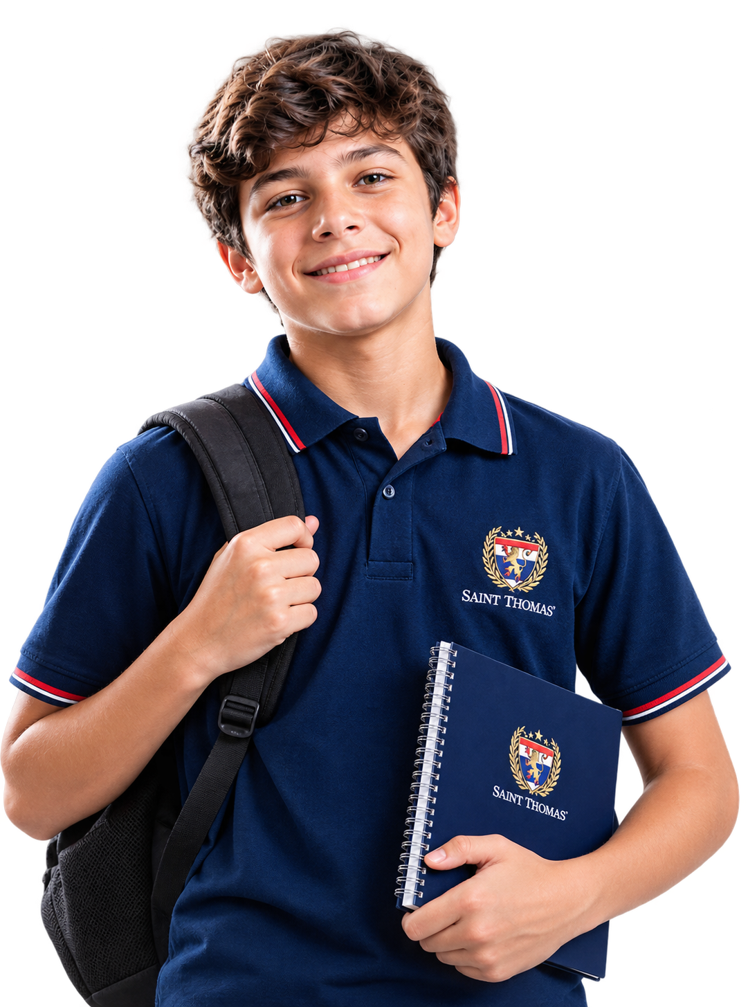 Aluno com uniforme, mochila e caderno da Saint Thomas’